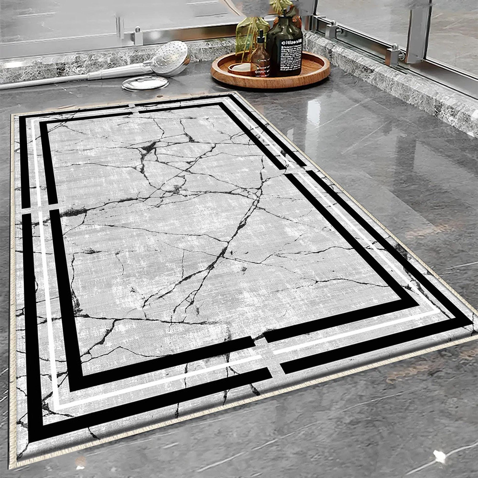 Gray White Black Marble Border Lines Bathroom Rug Non Slip Quick Dry Bath Mat - Geometric Toilet Mat, Soft Washable Modern Decor