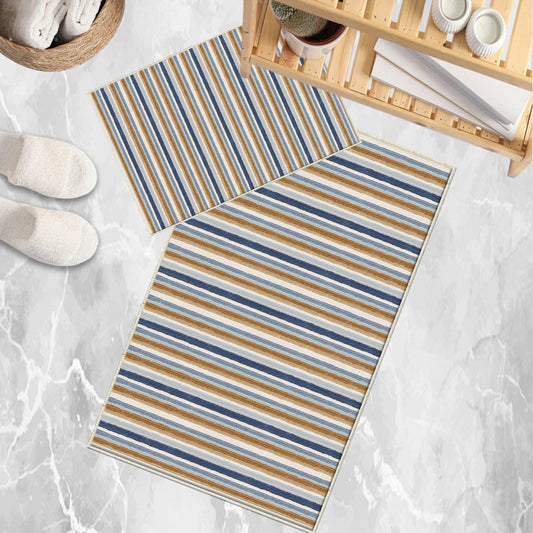 Brown Navy Blue Lines Bathroom Rug Non Slip Quick Dry Bath Mat - Geometric Toilet Mat, Soft Washable Modern Decor