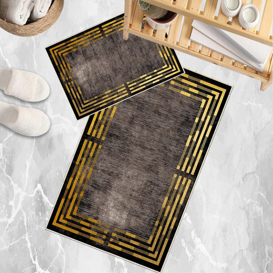 Brown Golden Lines Bathroom Rug Non Slip Quick Dry Bath Mat - Geometric Toilet Mat, Soft Washable Modern Decor