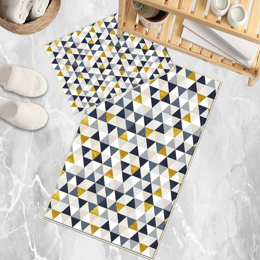 Yellow Gray Navu Blue Triangles Bathroom Rug Non Slip Quick Dry Bath Mat - Geometric Toilet Mat, Soft Washable Modern Decor
