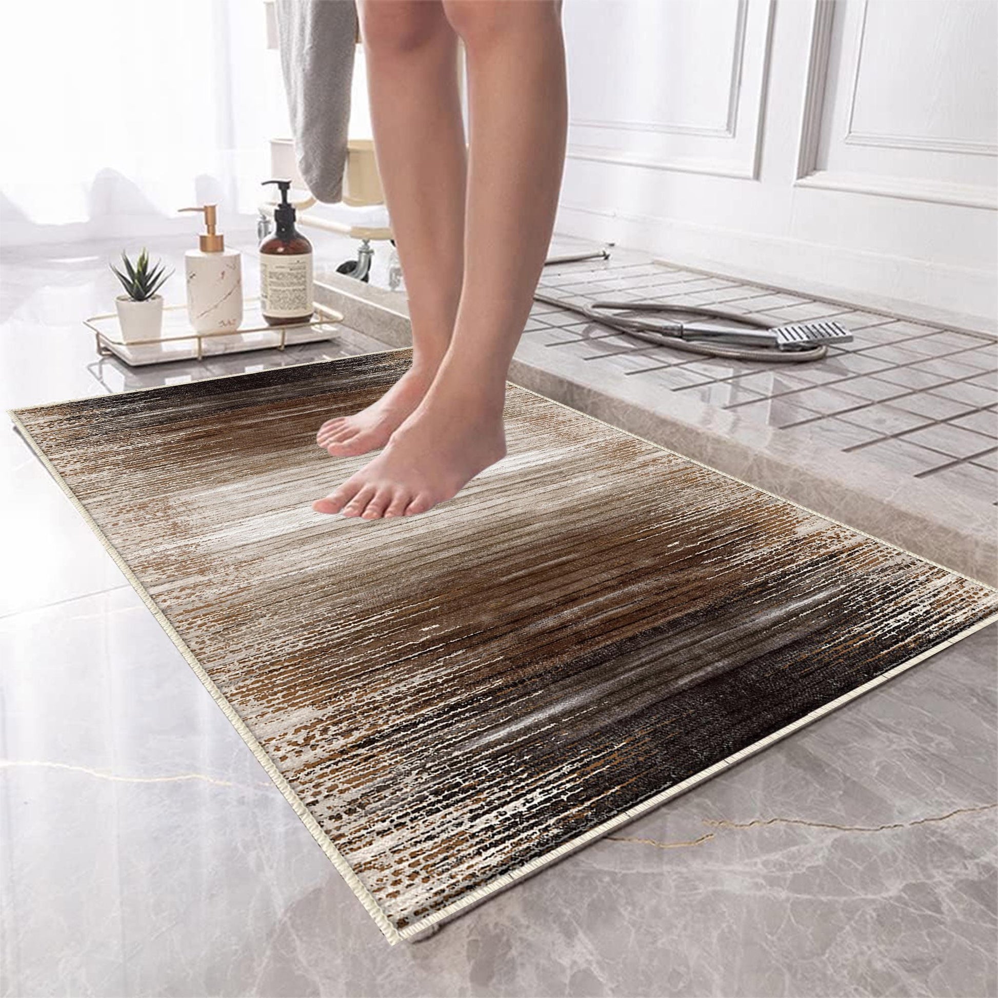 Brown Abstract Lines Bathroom Rug Non Slip Quick Dry Bath Mat - Geometric Toilet Mat, Soft Washable Modern Decor