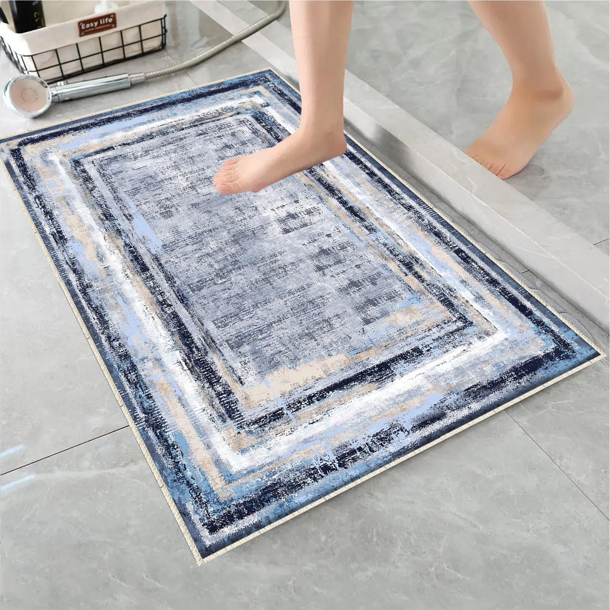 Blue White Retro Antiquing Border Line Bathroom Rug, Geometic Non Slip Quick Dry Bath Mat - Geometric Toilet Mat, Soft Washable Modern Decor