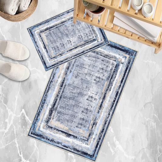 Blue White Retro Antiquing Border Line Bathroom Rug, Geometic Non Slip Quick Dry Bath Mat - Geometric Toilet Mat, Soft Washable Modern Decor