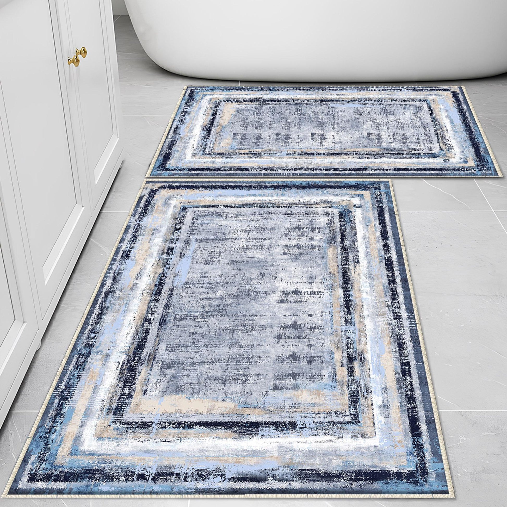 Blue White Retro Antiquing Border Line Bathroom Rug, Geometic Non Slip Quick Dry Bath Mat - Geometric Toilet Mat, Soft Washable Modern Decor