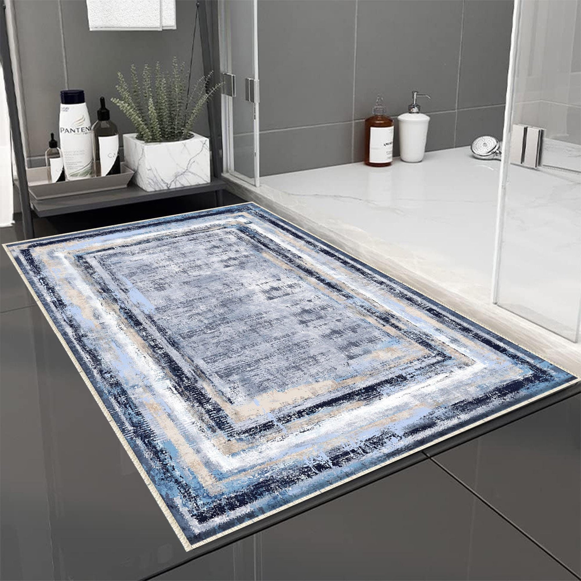 Blue White Retro Antiquing Border Line Bathroom Rug, Geometic Non Slip Quick Dry Bath Mat - Geometric Toilet Mat, Soft Washable Modern Decor