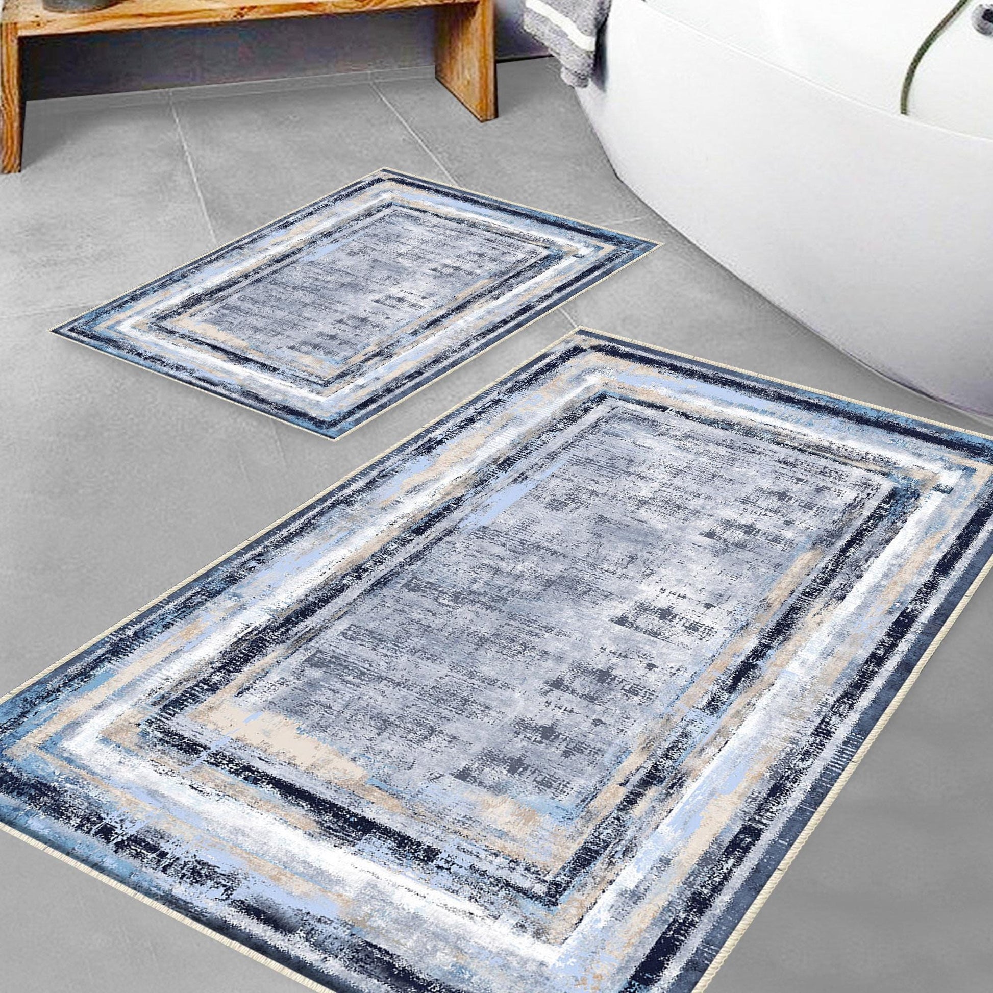 Blue White Retro Antiquing Border Line Bathroom Rug, Geometic Non Slip Quick Dry Bath Mat - Geometric Toilet Mat, Soft Washable Modern Decor