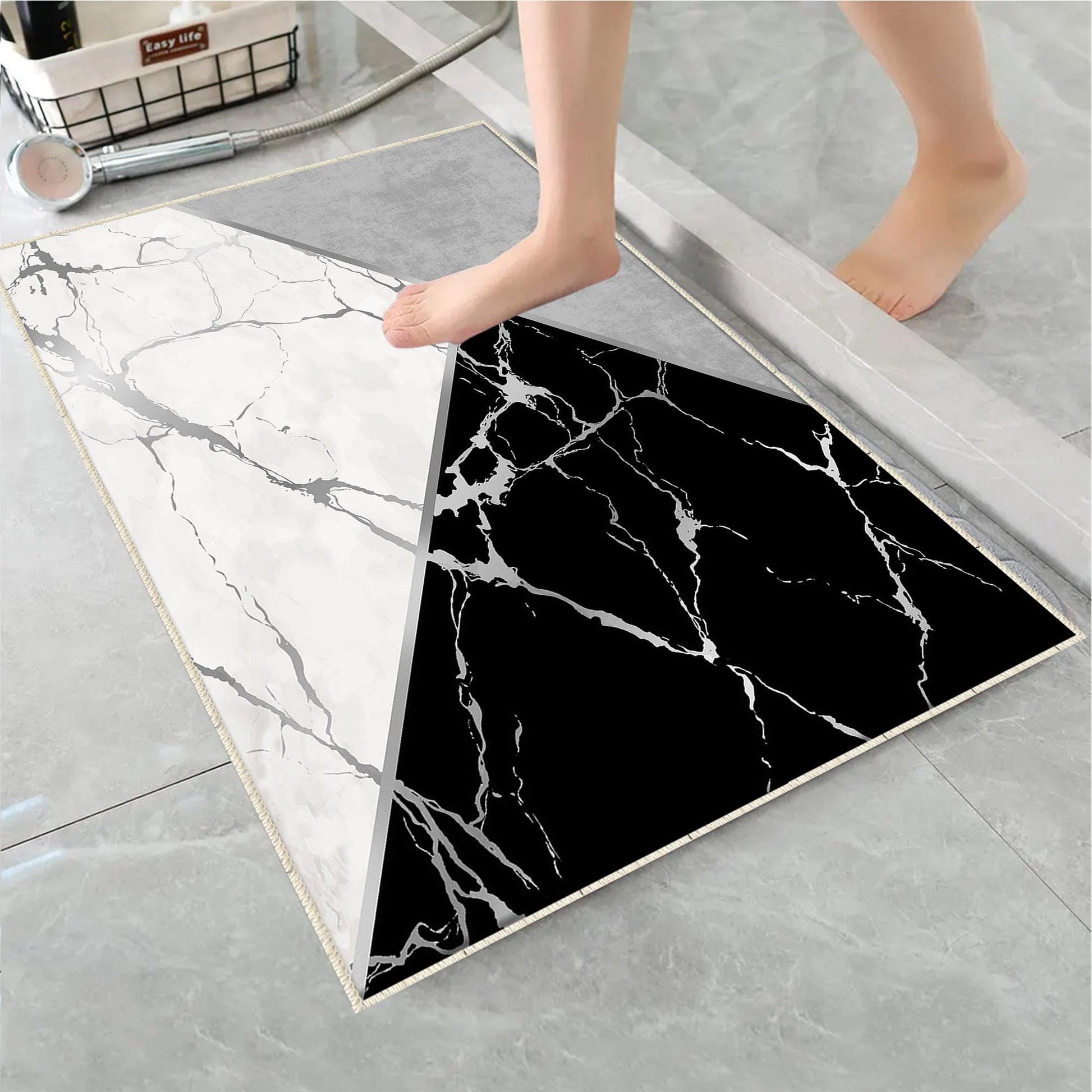 Black Gray White Marble Pattern Bathroom Rug, Geometic Non Slip Quick Dry Bath Mat - Geometric Toilet Mat, Soft Washable Modern Decor