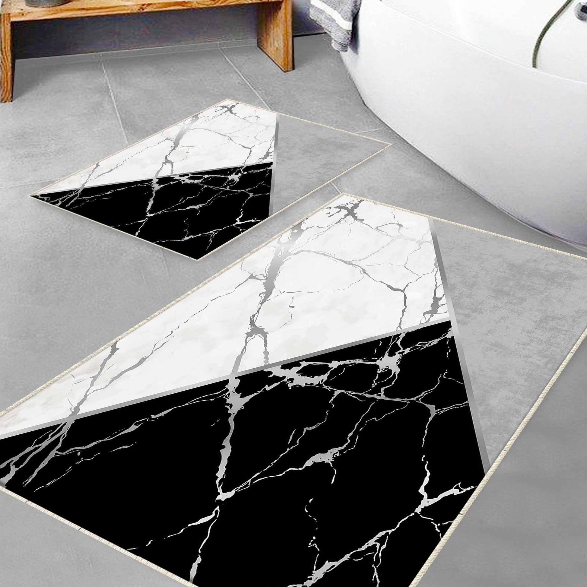 Black Gray White Marble Pattern Bathroom Rug, Geometic Non Slip Quick Dry Bath Mat - Geometric Toilet Mat, Soft Washable Modern Decor