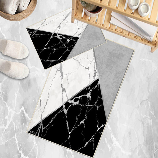Black Gray White Marble Pattern Bathroom Rug, Geometic Non Slip Quick Dry Bath Mat - Geometric Toilet Mat, Soft Washable Modern Decor