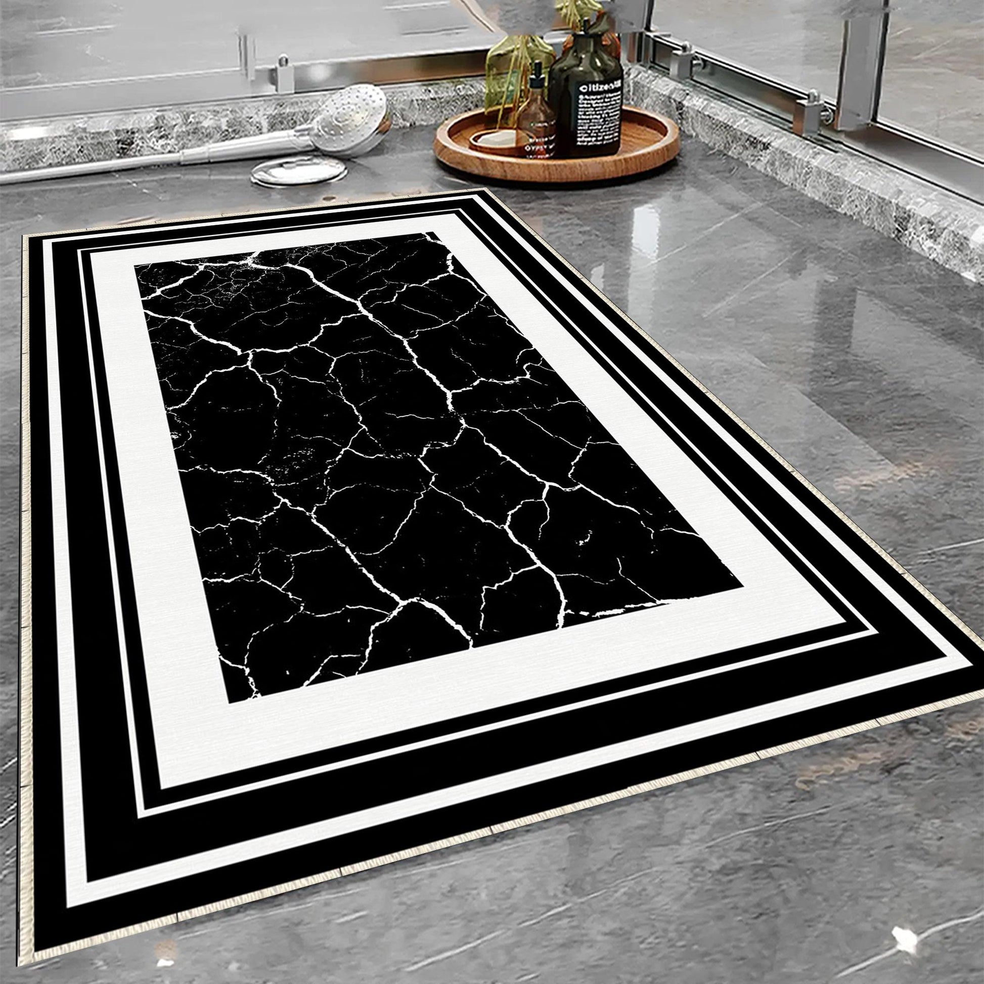 Black White Marble Border Pattern Bathroom Rug, Geometic Non Slip Quick Dry Bath Mat - Geometric Toilet Mat, Soft Washable Modern Decor