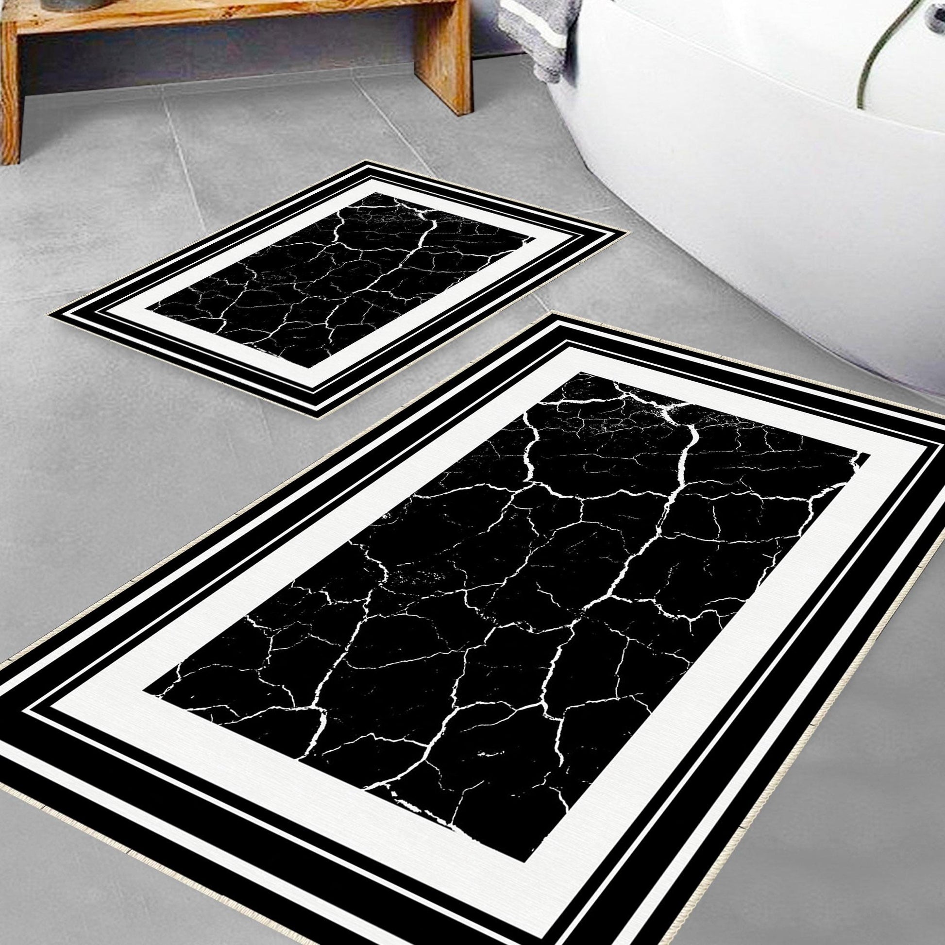 Black White Marble Border Pattern Bathroom Rug, Geometic Non Slip Quick Dry Bath Mat - Geometric Toilet Mat, Soft Washable Modern Decor