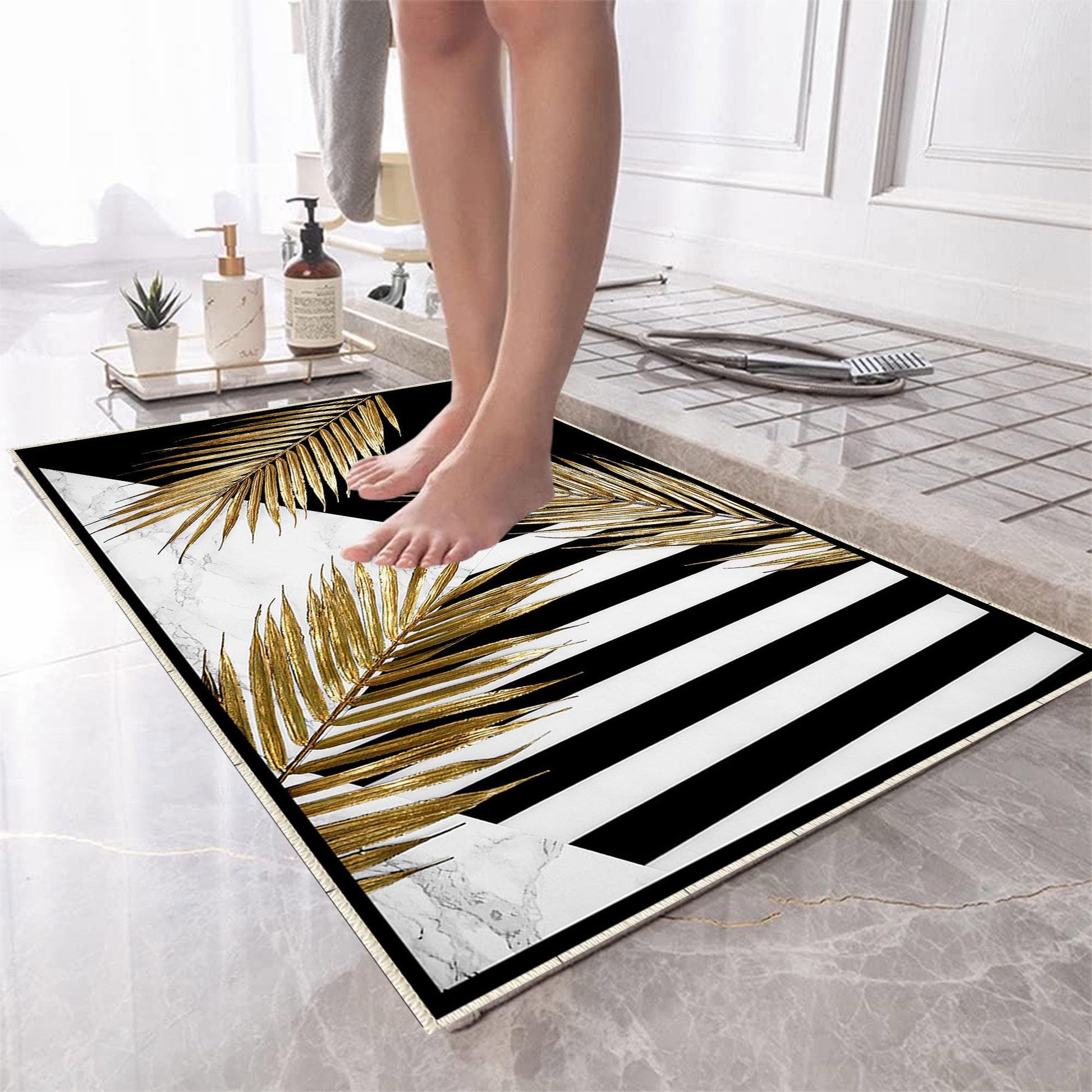 Golden Floral Black White Bathroom Rug, Geometic Non Slip Quick Dry Bath Mat - Geometric Toilet Mat, Soft Washable Modern Decor