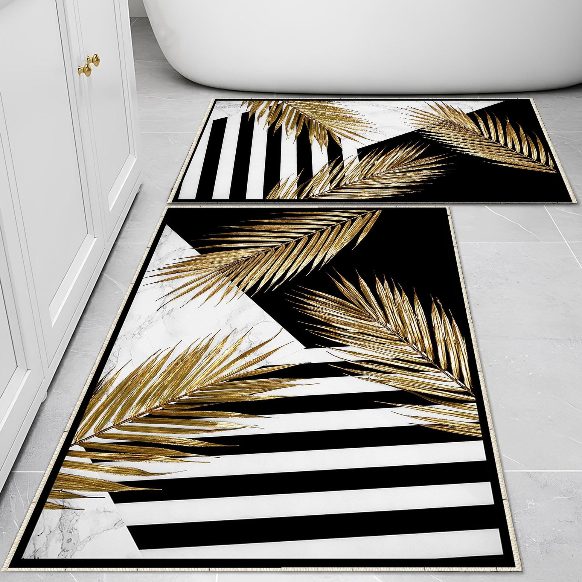 Golden Floral Black White Bathroom Rug, Geometic Non Slip Quick Dry Bath Mat - Geometric Toilet Mat, Soft Washable Modern Decor