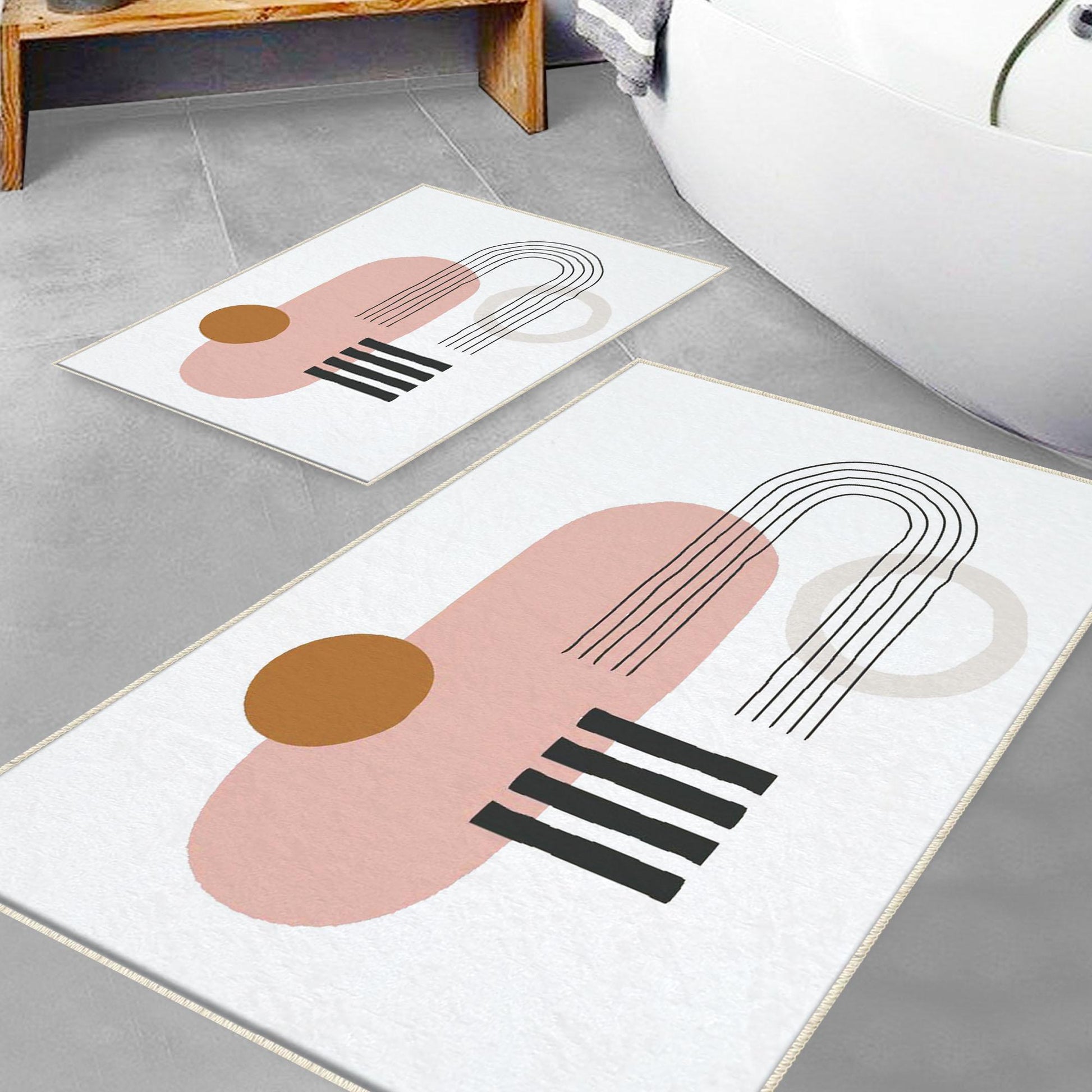Pink Orange Black Minimal Geometric Bathroom Rug, Non Slip Quick Dry Bath Mat, Washable Soft Modern Toilet Mat