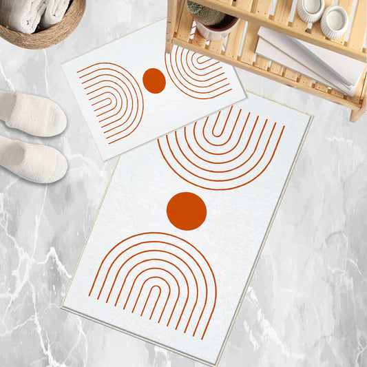 White Orange Minimal Geometric Bathroom Rug, Non Slip Quick Dry Bath Mat, Washable Soft Modern Toilet Mat