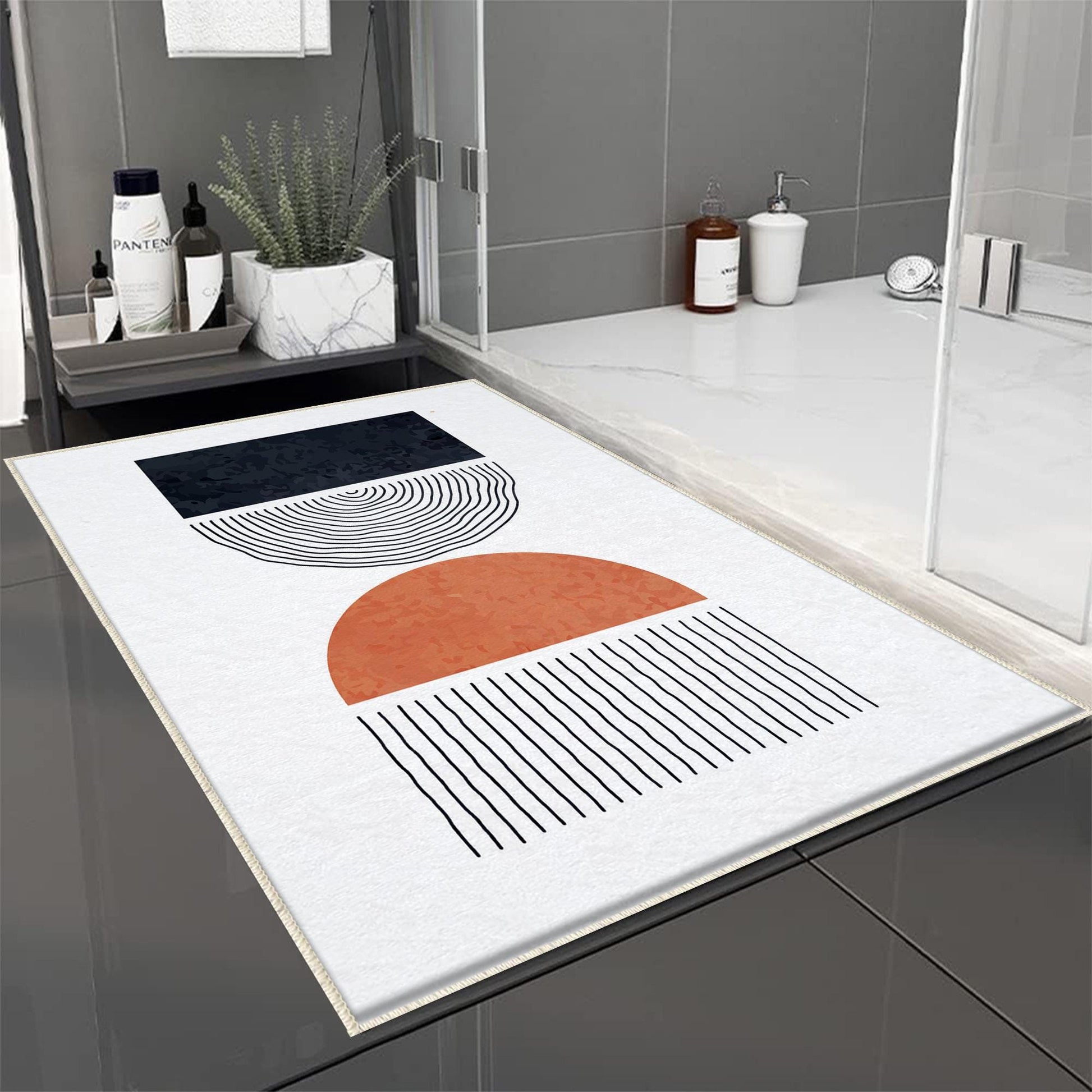 White Black Orange Minimal Geometric Bathroom Rug, Non Slip Quick Dry Bath Mat, Washable Soft Modern Toilet Mat