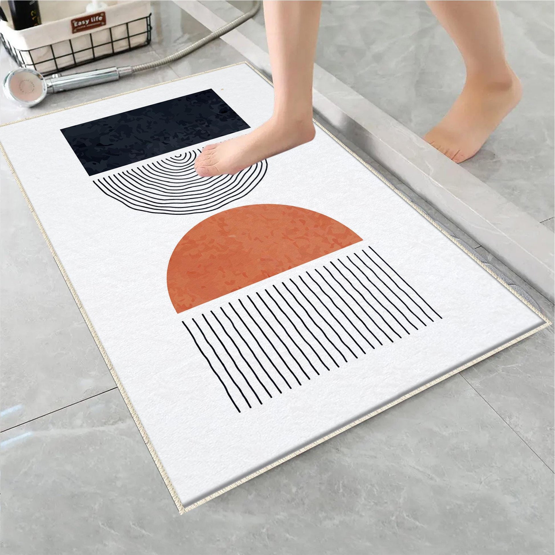 White Black Orange Minimal Geometric Bathroom Rug, Non Slip Quick Dry Bath Mat, Washable Soft Modern Toilet Mat