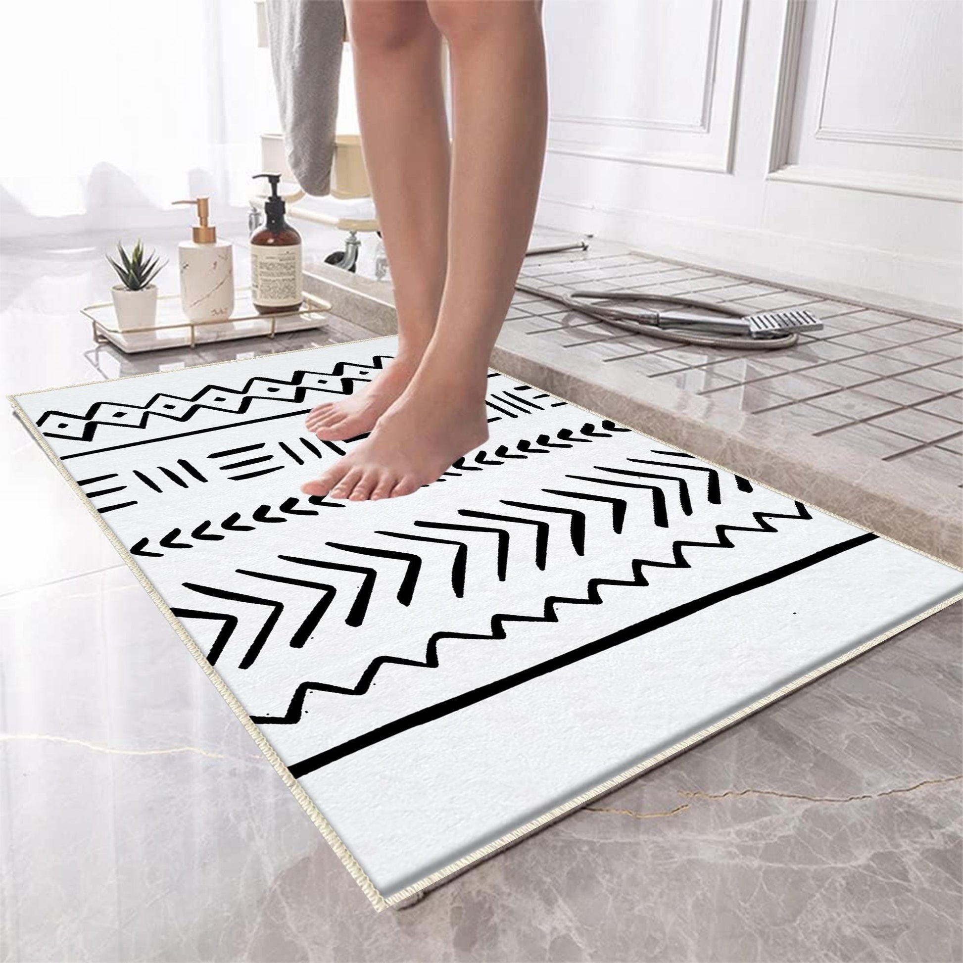 Black White Aztec Tribal Boho Geometric Bathroom Rug, Non Slip Quick Dry Bath Mat, Washable Soft Modern Toilet Mat