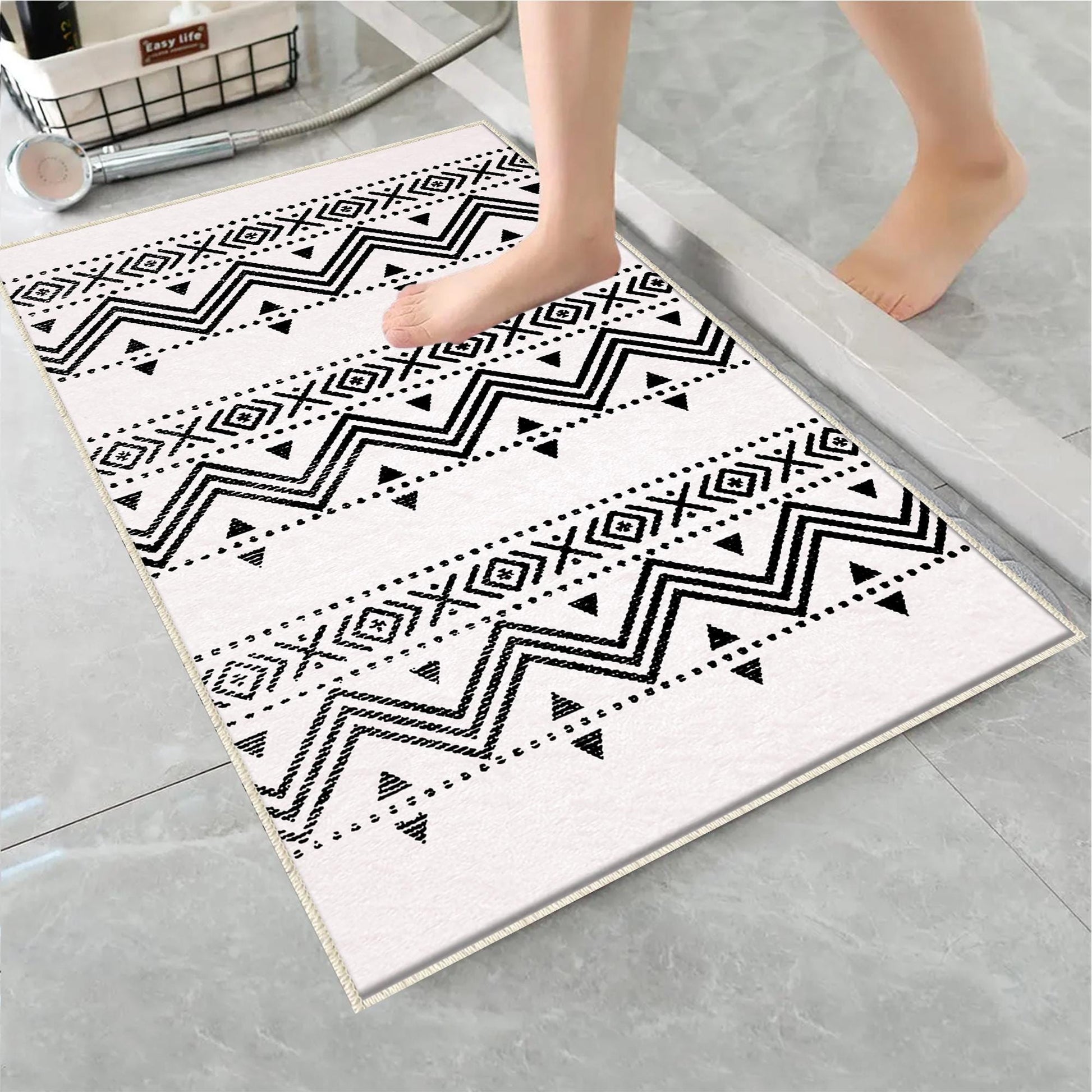 Black White Aztec Tribal Boho Geometric Bathroom Rug, Non Slip Quick Dry Bath Mat, Washable Soft Modern Toilet Mat