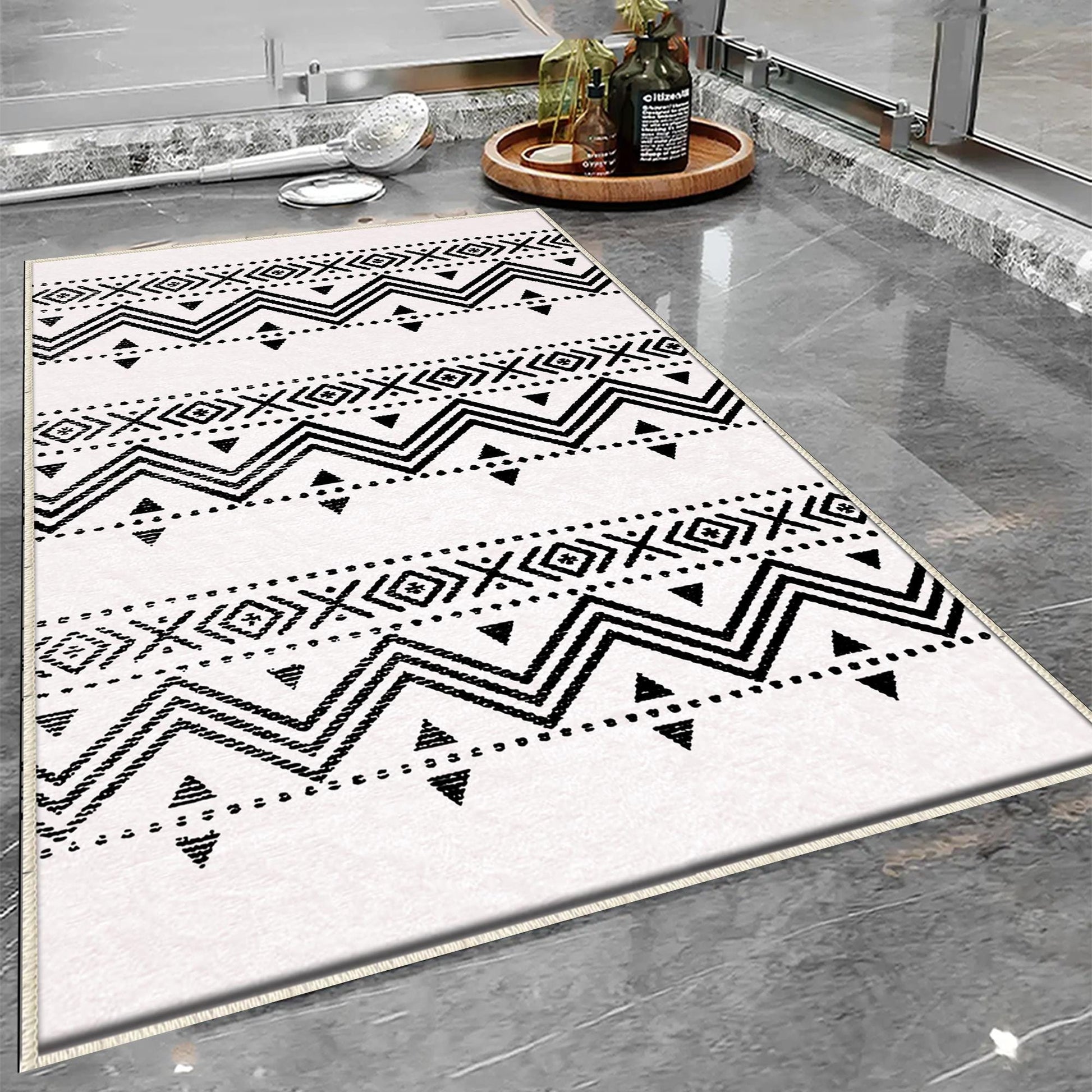 Black White Aztec Tribal Boho Geometric Bathroom Rug, Non Slip Quick Dry Bath Mat, Washable Soft Modern Toilet Mat