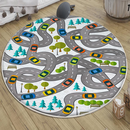 Round City Road Kids Play Mat|Car Road Nursery Rug|Traffic Activity Rug|Anti-Slip Toddler Rug|Washable Playroom Carpet with pillow case gift
