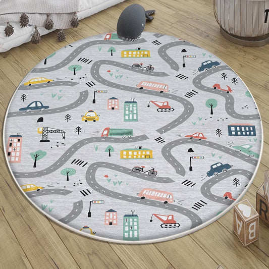 Round City Road Kids Play Mat|Car Road Nursery Rug|Traffic Activity Rug|Anti-Slip Toddler Rug|Washable Playroom Carpet with pillow case gift