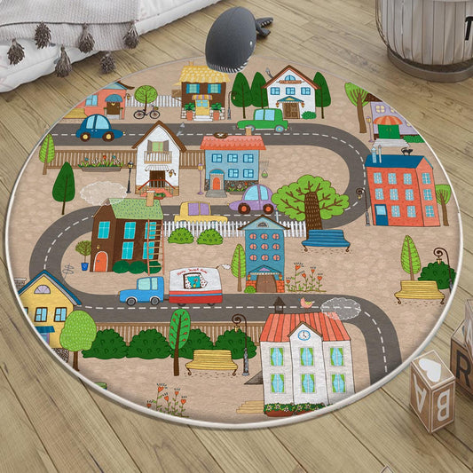 Round City Road Kids Play Mat|Car Road Nursery Rug|Traffic Activity Rug|Anti-Slip Toddler Rug|Washable Playroom Carpet with pillow case gift