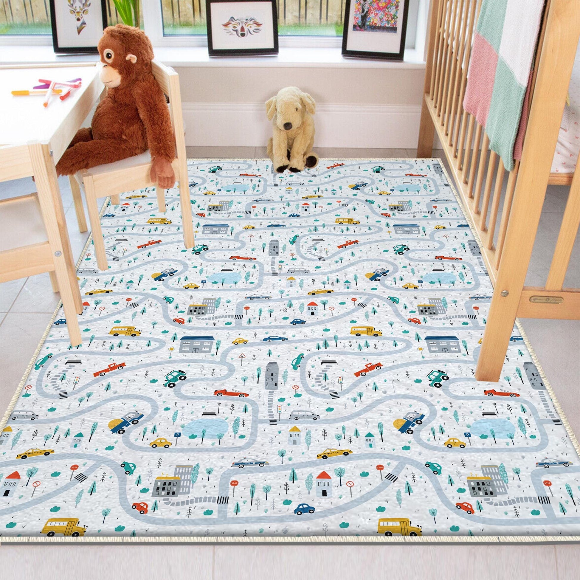 Round City Road Kids Play Mat|Car Road Nursery Rug|Traffic Activity Rug|Anti-Slip Toddler Rug|Washable Playroom Carpet with pillow case gift