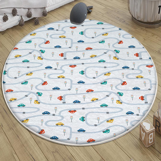 Play Mat for Kids - Round City Road Traffic Rug, Anti-Slip Toddler Nursery Carpet, Washable Playroom Rug with Pillowcase Gift