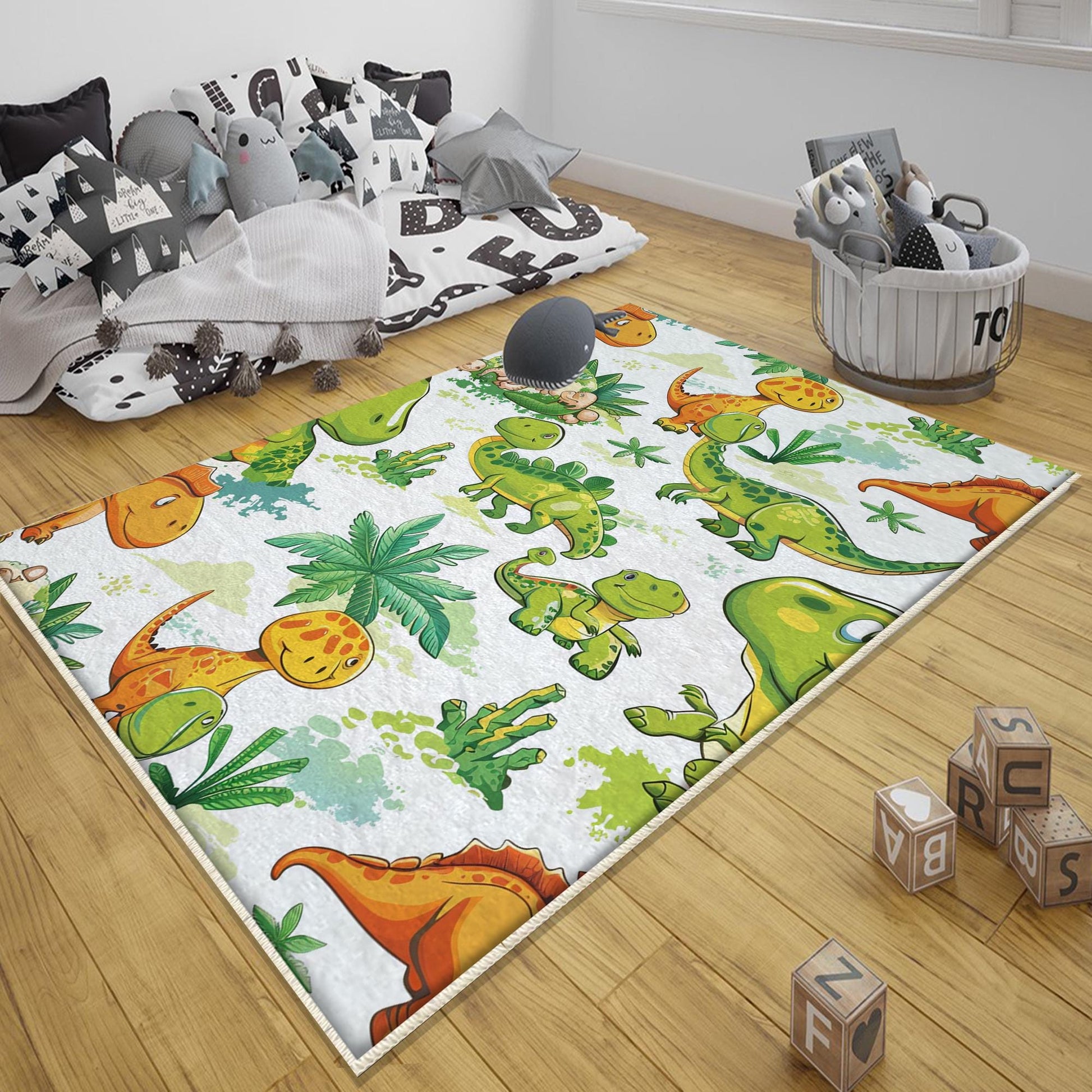 Round Dinosaurs Themed Nursery Room Rug, Washable Non-Slip Jurassic Rug Gift For Kids, Baby Room Gift, Kids Room Decor with pillow case gift