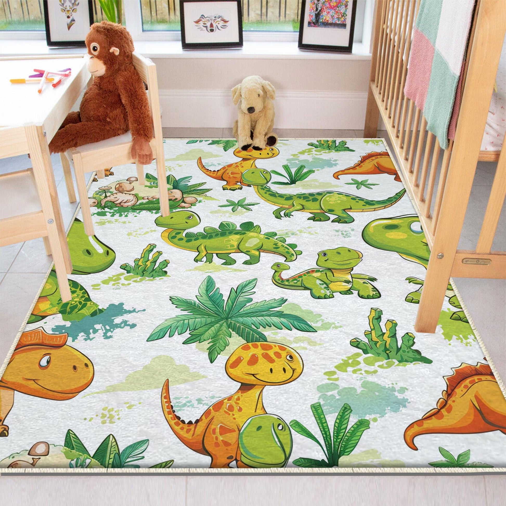 Round Dinosaurs Themed Nursery Room Rug, Washable Non-Slip Jurassic Rug Gift For Kids, Baby Room Gift, Kids Room Decor with pillow case gift