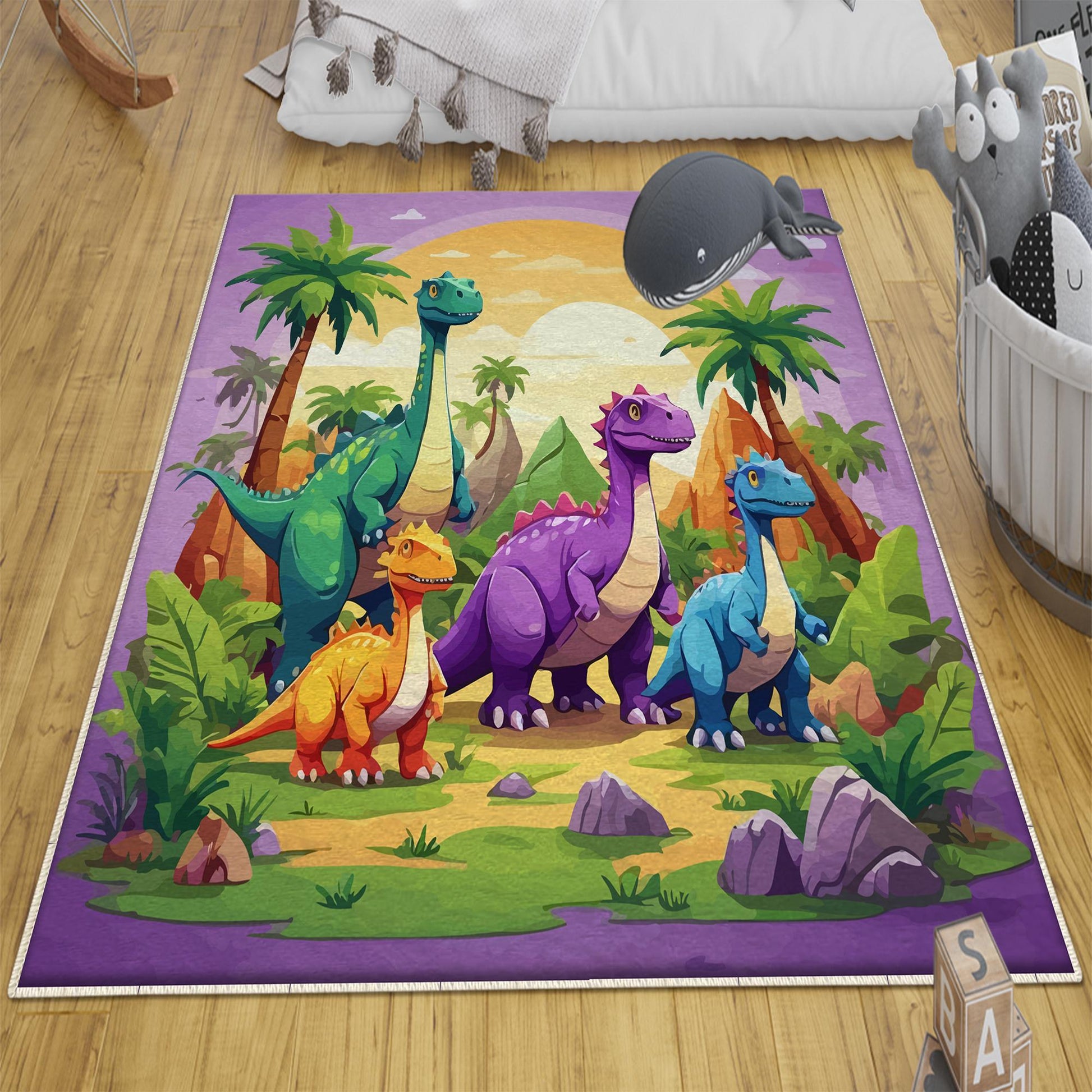 Round Dinosaurs Themed Nursery Room Rug, Washable Non-Slip Jurassic Rug Gift For Kids, Baby Room Gift, Kids Room Decor with pillow case gift