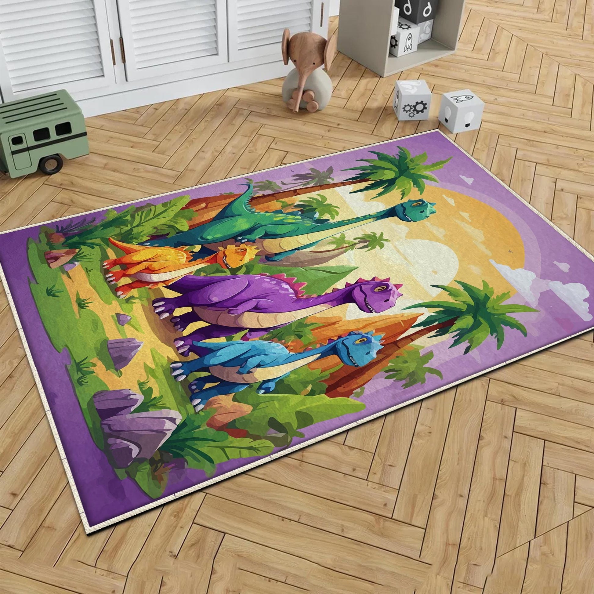 Round Dinosaurs Themed Nursery Room Rug, Washable Non-Slip Jurassic Rug Gift For Kids, Baby Room Gift, Kids Room Decor with pillow case gift
