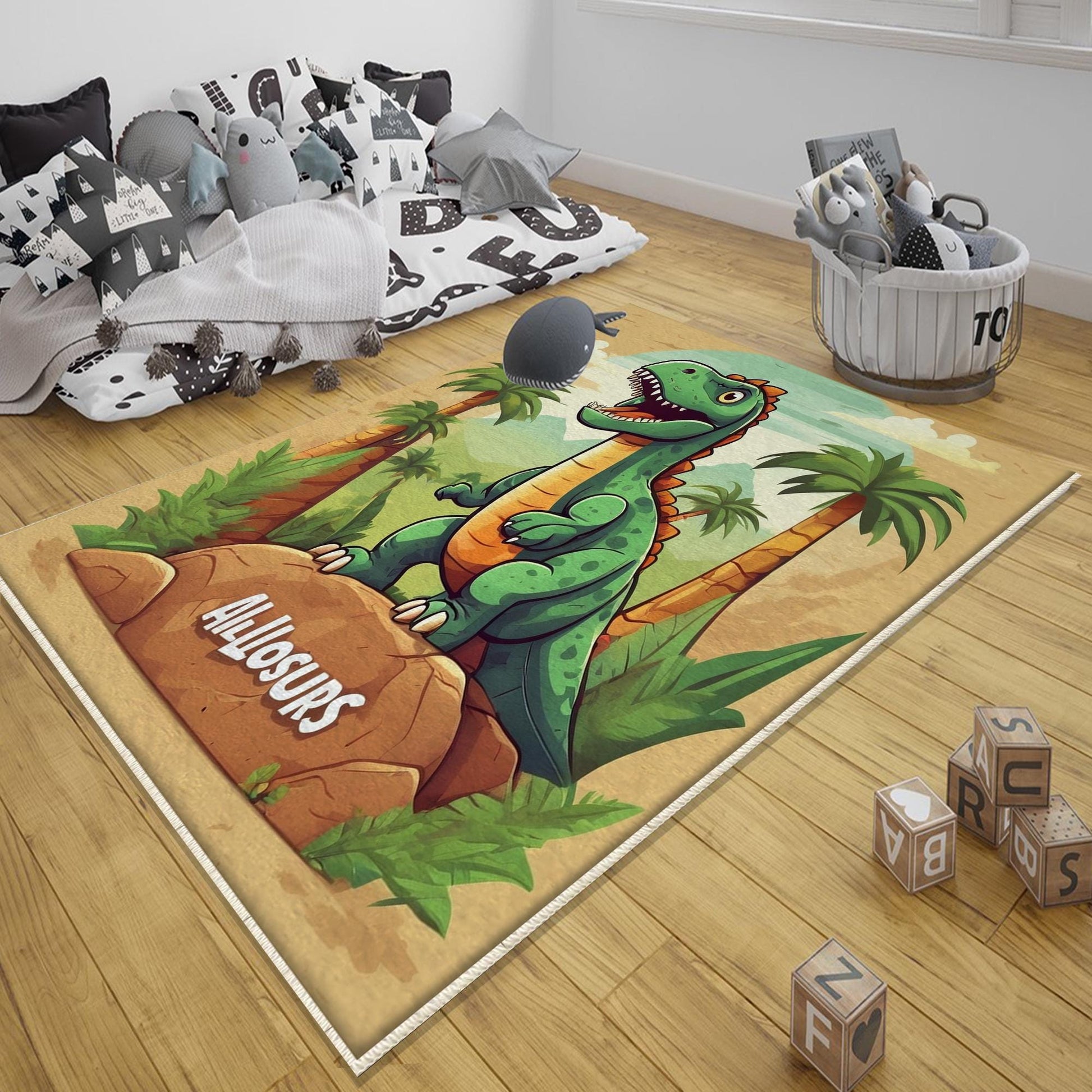 Round Dinosaurs Themed Nursery Room Rug, Washable Non-Slip Jurassic Rug Gift For Kids, Baby Room Gift, Kids Room Decor with pillow case gift