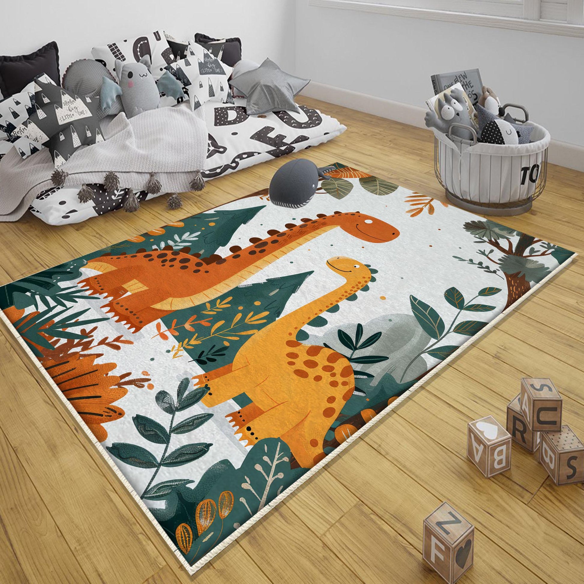 Round Dinosaurs Themed Nursery Room Rug, Washable Non-Slip Jurassic Rug Gift For Kids, Baby Room Gift, Kids Room Decor with pillow case gift