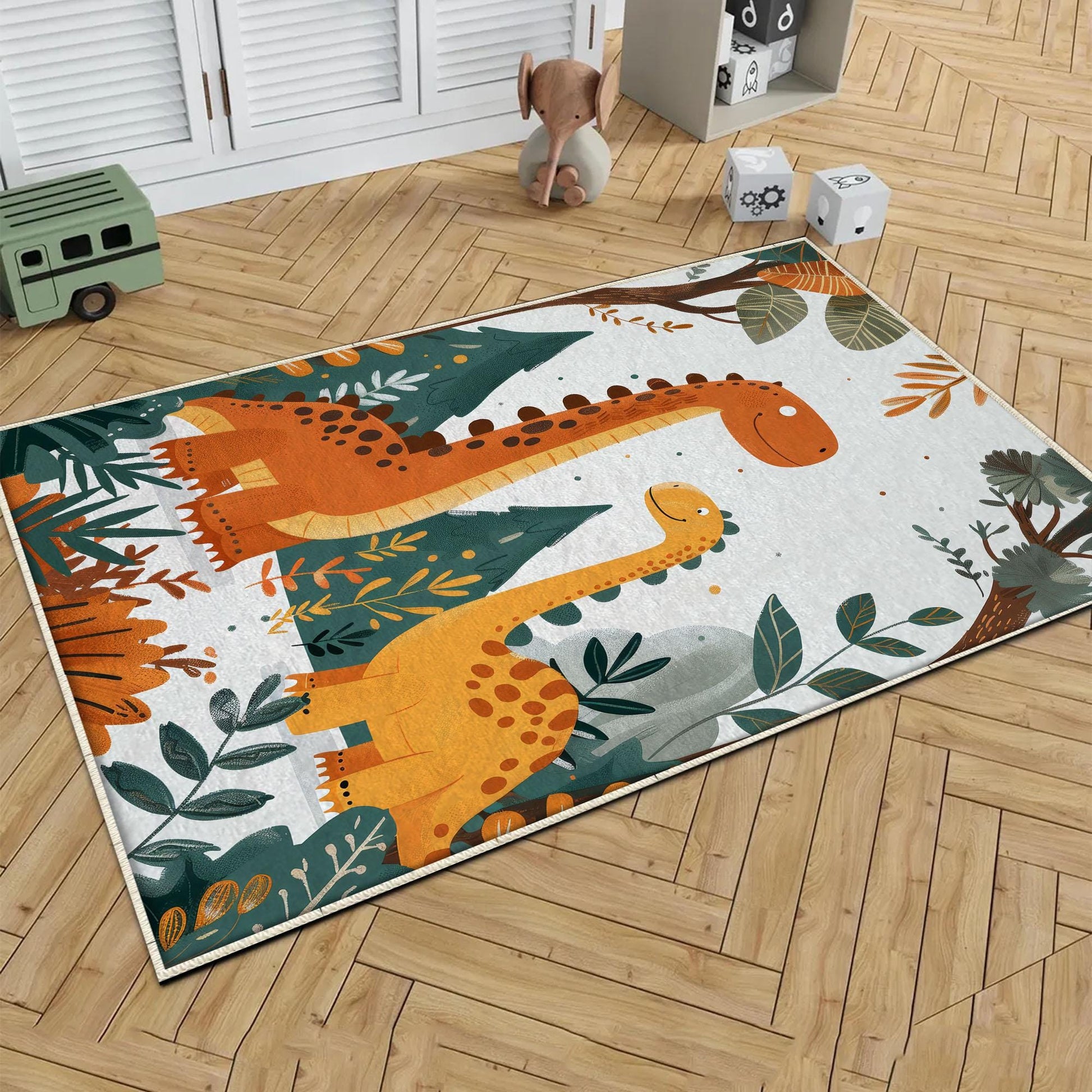 Round Dinosaurs Themed Nursery Room Rug, Washable Non-Slip Jurassic Rug Gift For Kids, Baby Room Gift, Kids Room Decor with pillow case gift