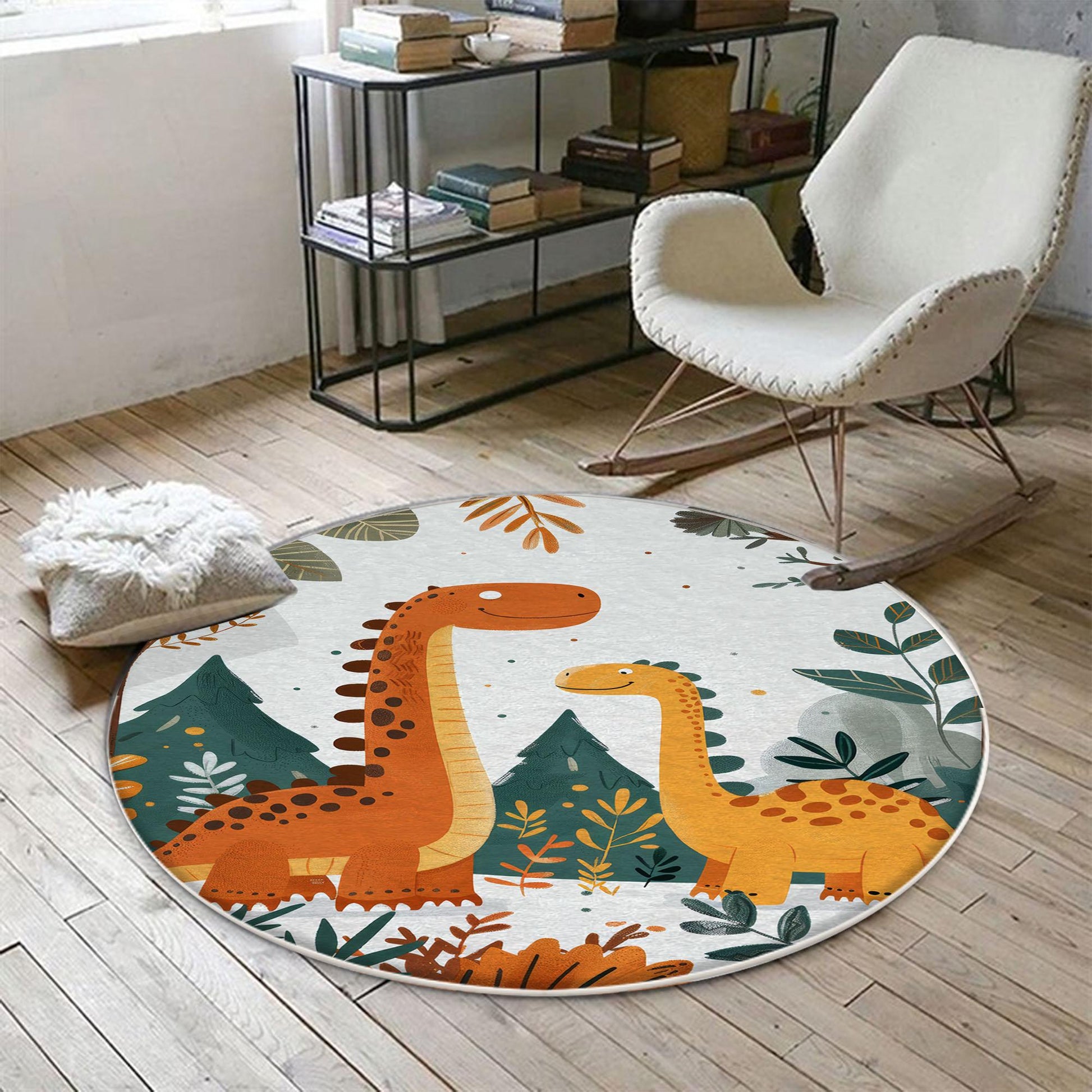 Round Dinosaurs Themed Nursery Room Rug, Washable Non-Slip Jurassic Rug Gift For Kids, Baby Room Gift, Kids Room Decor with pillow case gift