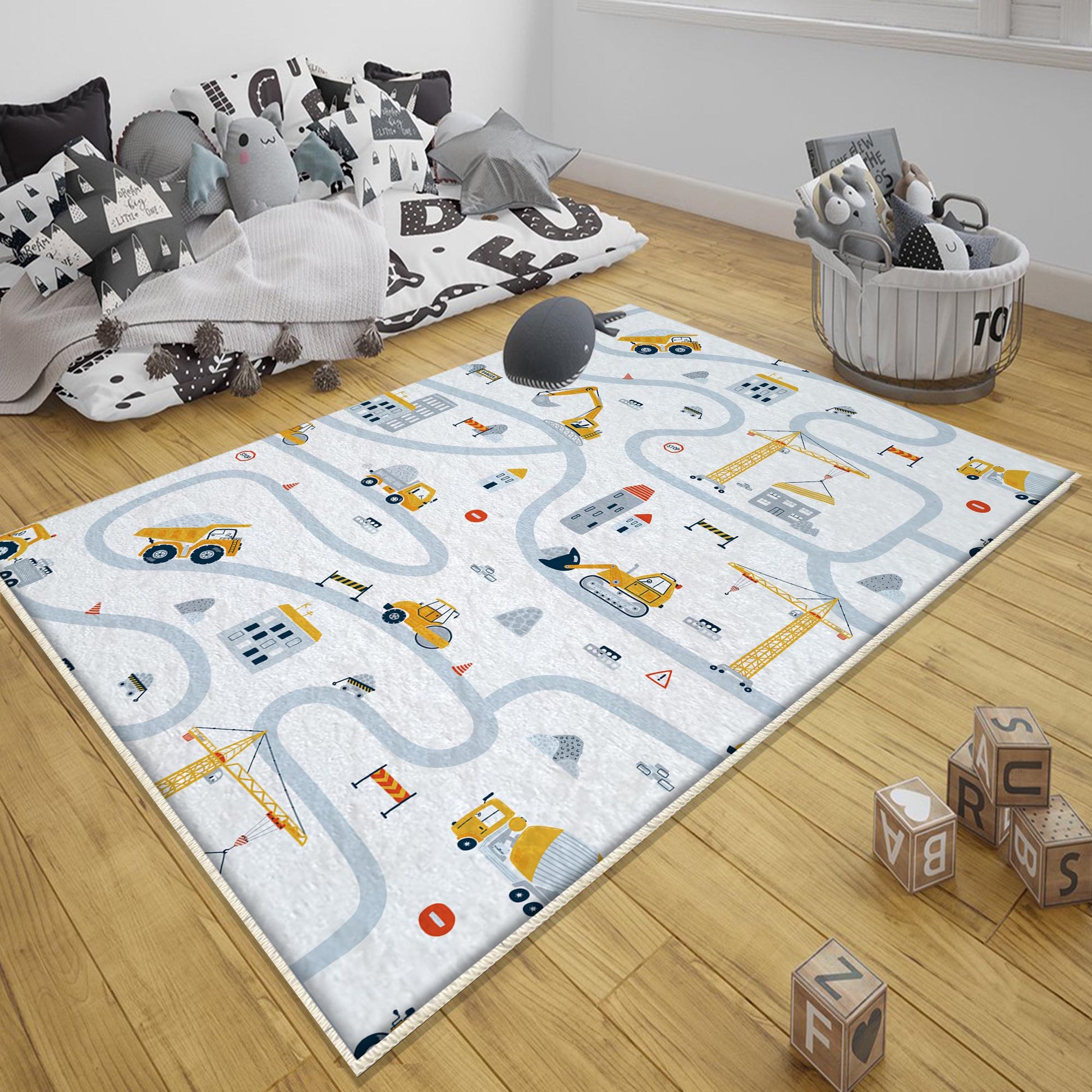 Round Road Construction Vehicles Kids Room Rug-Crane Bulldozer Excavator Mat-Heavy Equipment Playmat-Nursery Carpet with pillow case gift