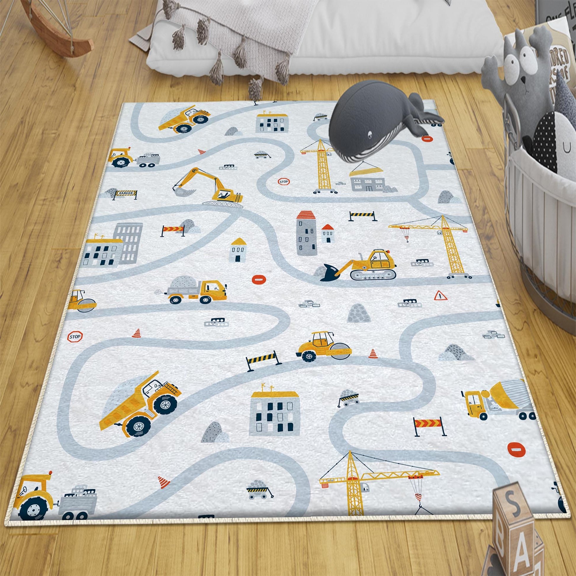Round Road Construction Vehicles Kids Room Rug-Crane Bulldozer Excavator Mat-Heavy Equipment Playmat-Nursery Carpet with pillow case gift