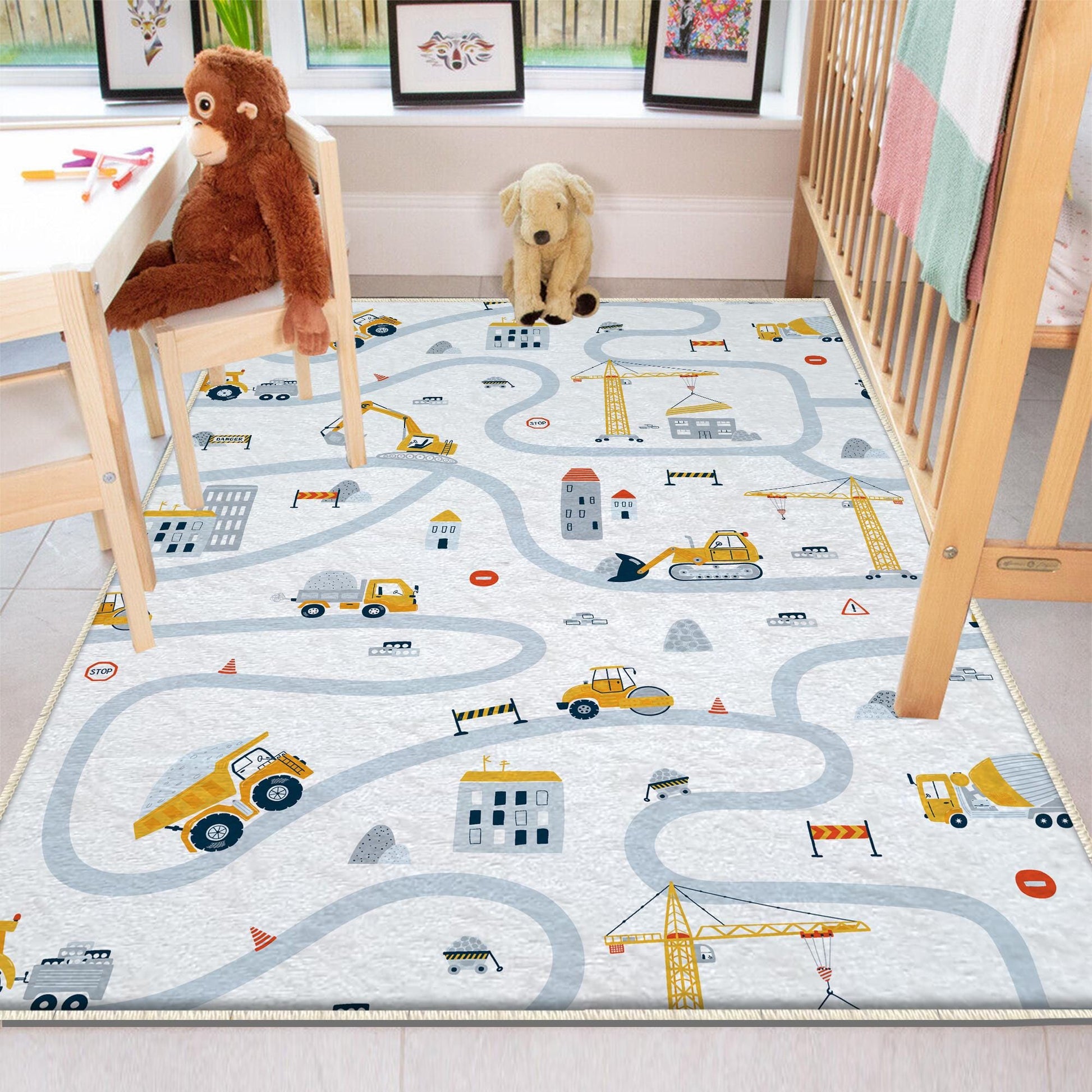 Round Road Construction Vehicles Kids Room Rug-Crane Bulldozer Excavator Mat-Heavy Equipment Playmat-Nursery Carpet with pillow case gift