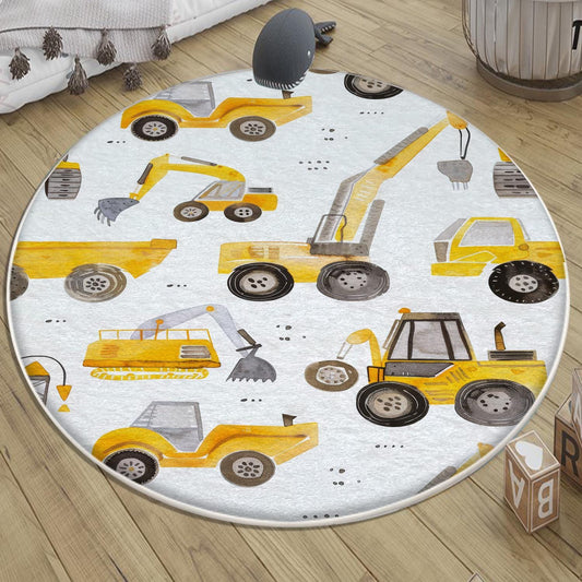 Round Road Construction Vehicles Kids Room Rug-Crane Bulldozer Excavator Mat-Heavy Equipment Playmat-Nursery Carpet with pillow case gift