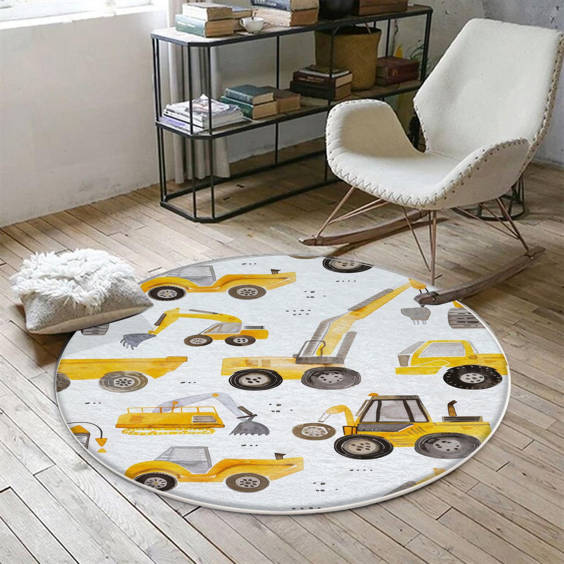 Round Road Construction Vehicles Kids Room Rug-Crane Bulldozer Excavator Mat-Heavy Equipment Playmat-Nursery Carpet with pillow case gift