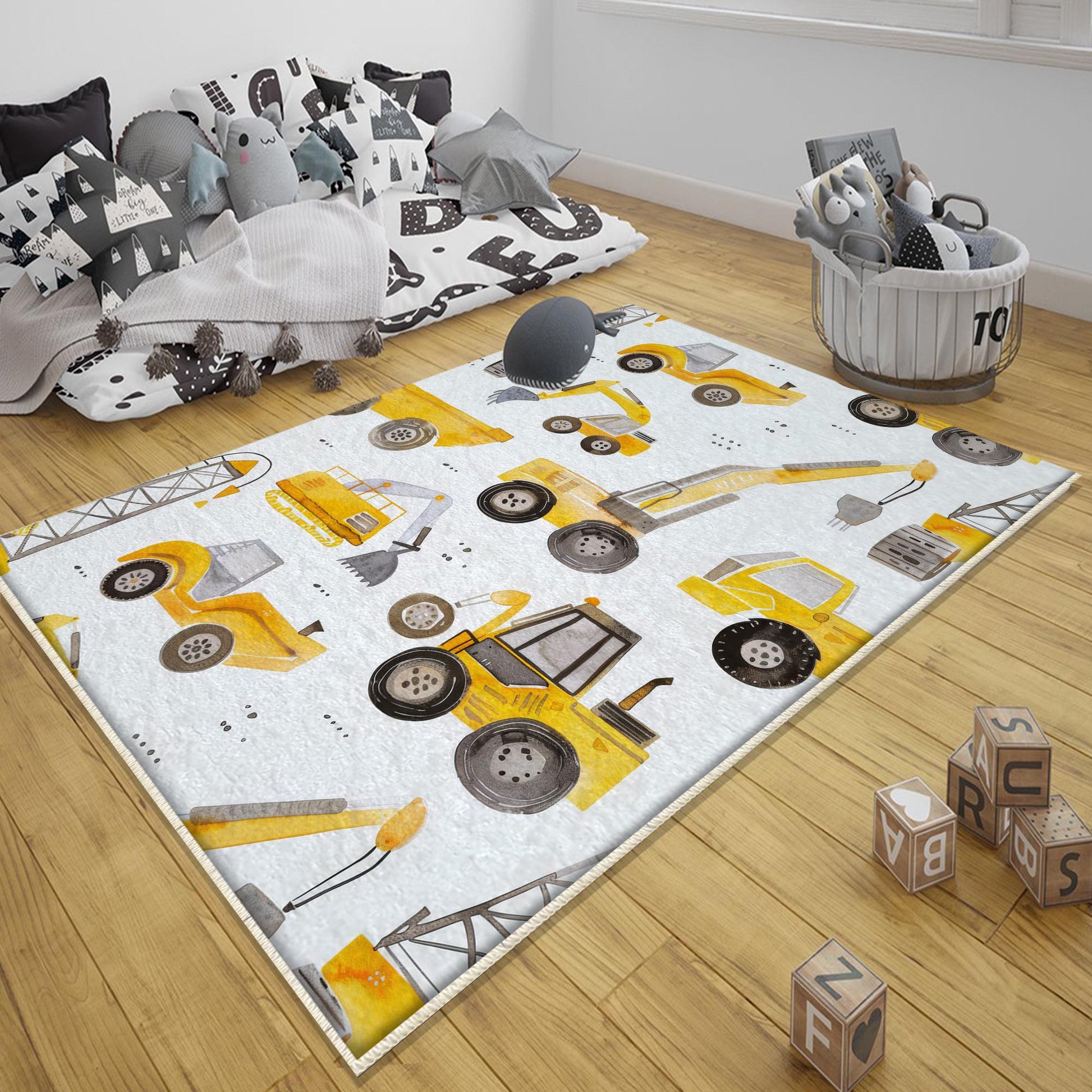 Round Road Construction Vehicles Kids Room Rug-Crane Bulldozer Excavator Mat-Heavy Equipment Playmat-Nursery Carpet with pillow case gift