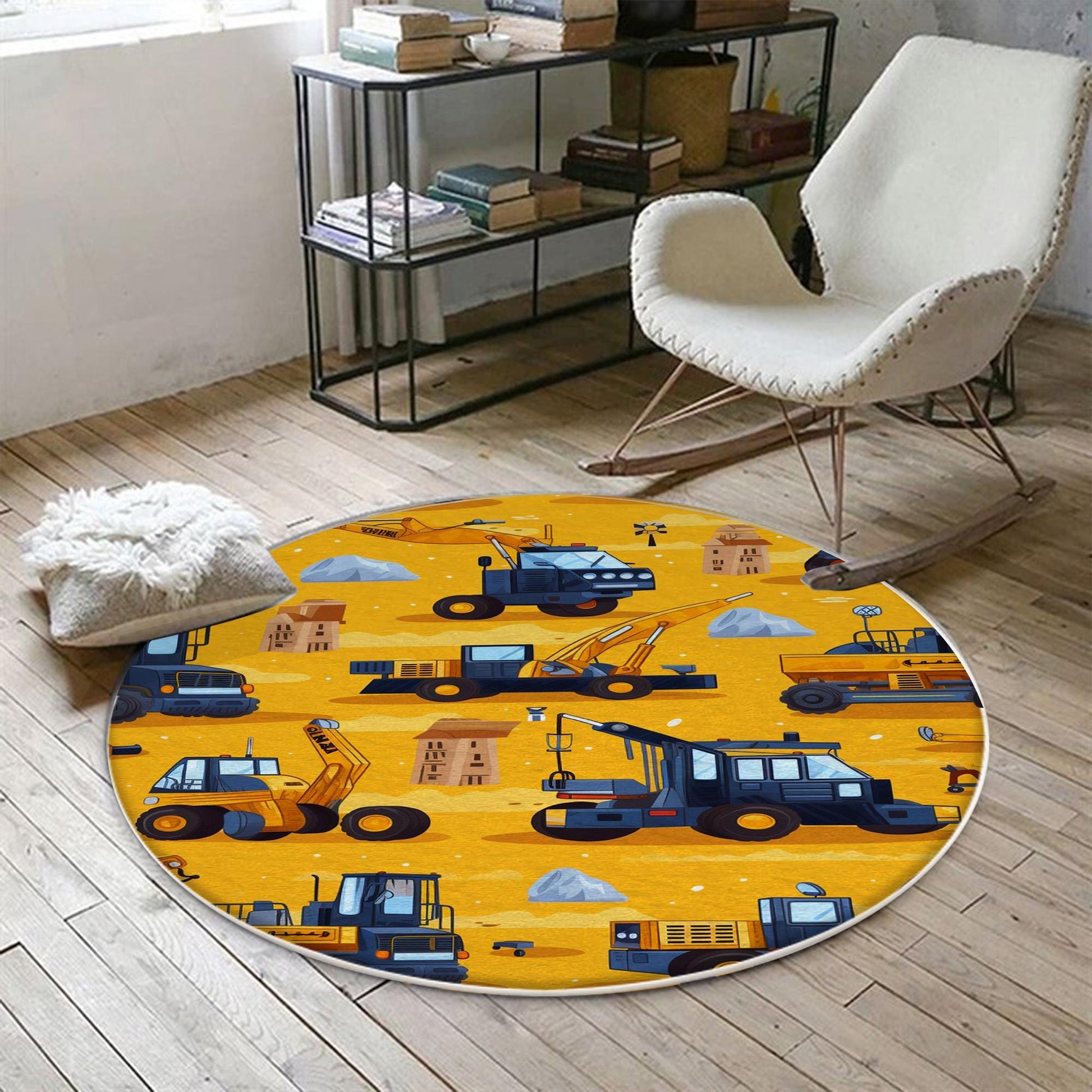 Round Road Construction Vehicles Kids Room Rug-Crane Bulldozer Excavator Mat-Heavy Equipment Playmat-Nursery Carpet with pillow case gift