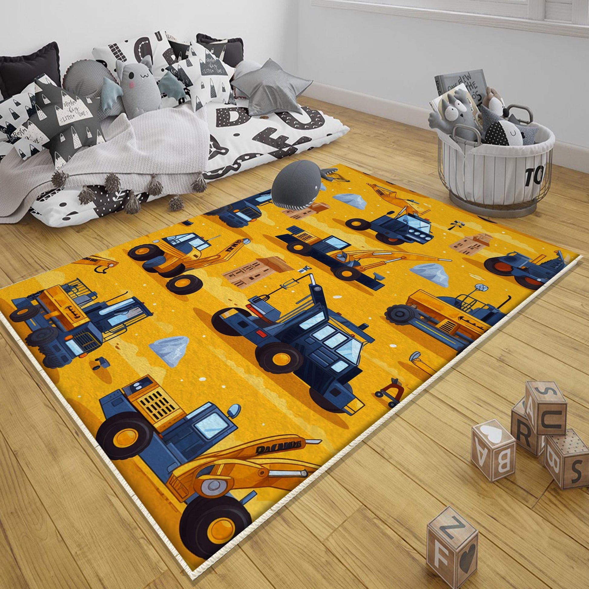 Round Road Construction Vehicles Kids Room Rug-Crane Bulldozer Excavator Mat-Heavy Equipment Playmat-Nursery Carpet with pillow case gift