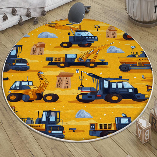 Round Road Construction Vehicles Kids Room Rug-Crane Bulldozer Excavator Mat-Heavy Equipment Playmat-Nursery Carpet with pillow case gift