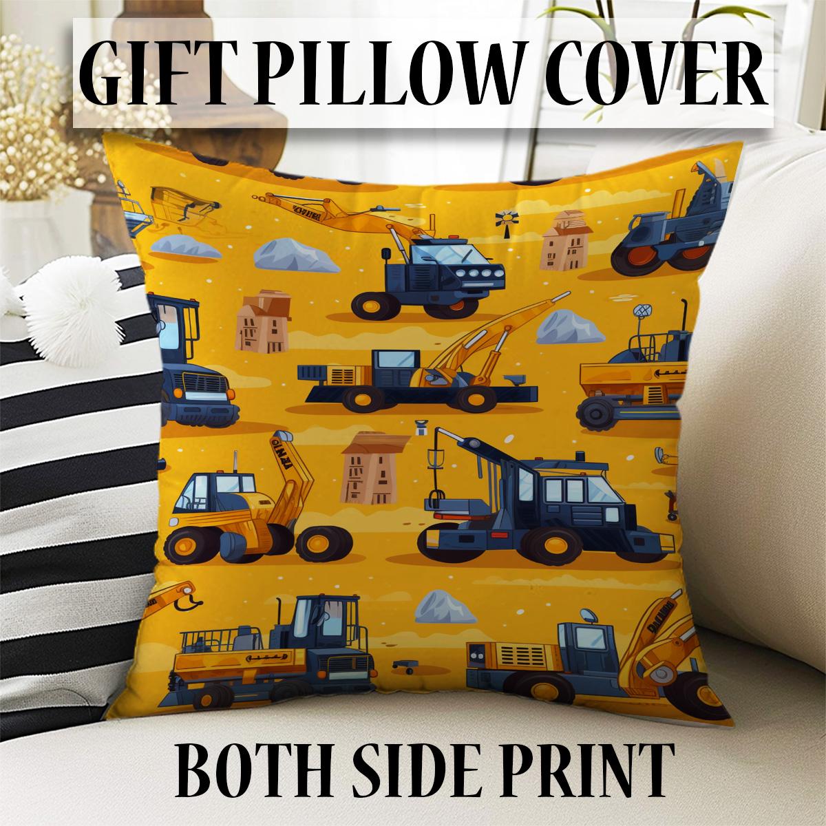 Round Road Construction Vehicles Kids Room Rug-Crane Bulldozer Excavator Mat-Heavy Equipment Playmat-Nursery Carpet with pillow case gift