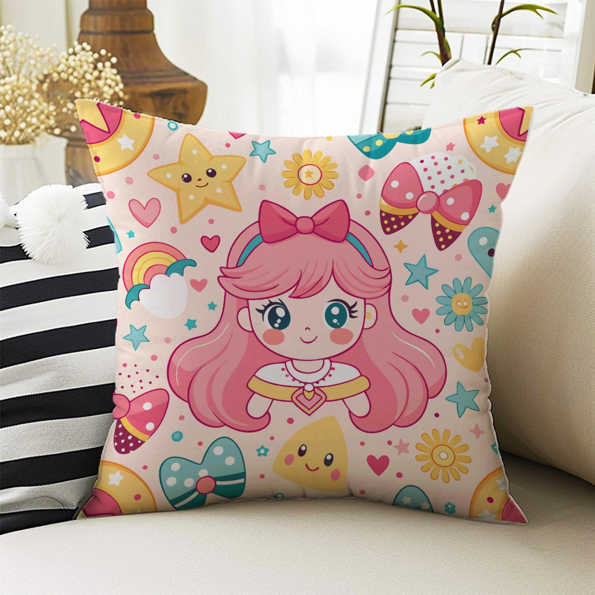 Kids Room Decor Cute Pink Castle Pillow Covers, Bold Nursery Cushion & Decorative Girls Throw Pillowcases for Playroom