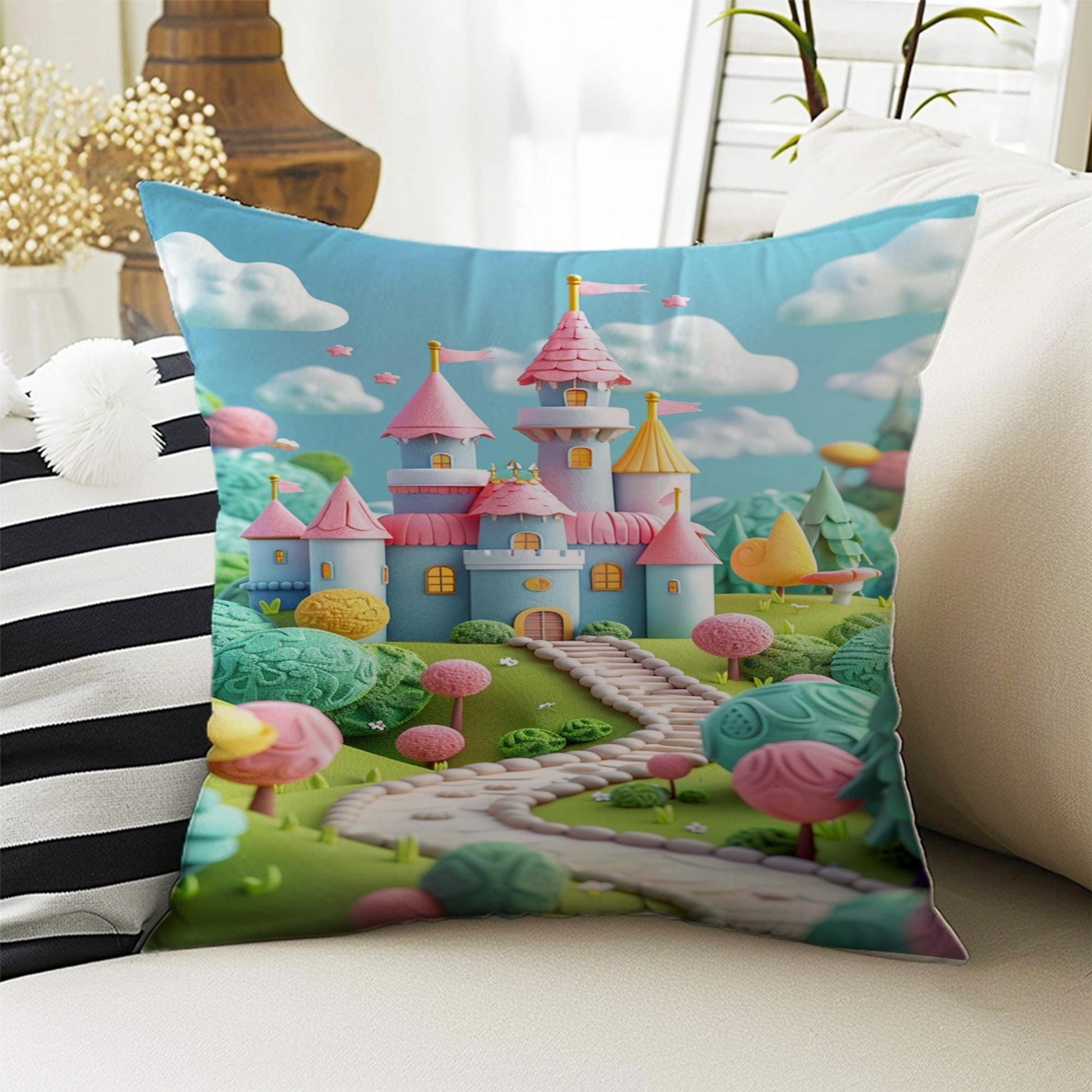 Kids Room Decor Cute Pink Castle Pillow Covers, Bold Nursery Cushion & Decorative Girls Throw Pillowcases for Playroom