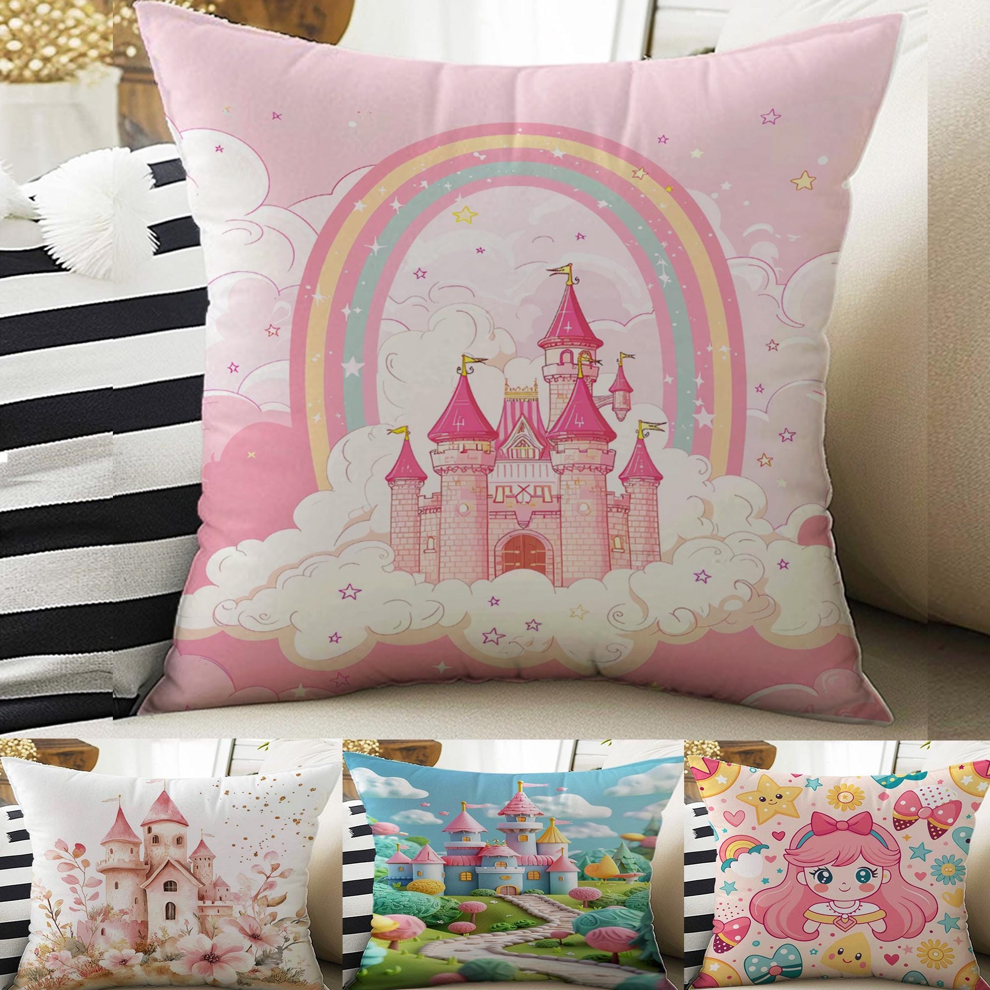 Kids Room Decor Cute Pink Castle Pillow Covers, Bold Nursery Cushion & Decorative Girls Throw Pillowcases for Playroom